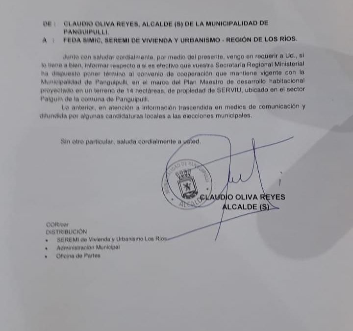 Municipalidad de Panguipulli solicita información oficial a seremi de Vivienda y Director del Serviu de Los Ríos sobre supuesto término de convenio de cooperación del Plan Maestro Habitacional