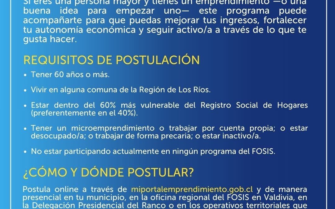 Nuevas oportunidades para emprender: se abren postulaciones al Fondo Nacional de Desarrollo Regional para adultos mayores