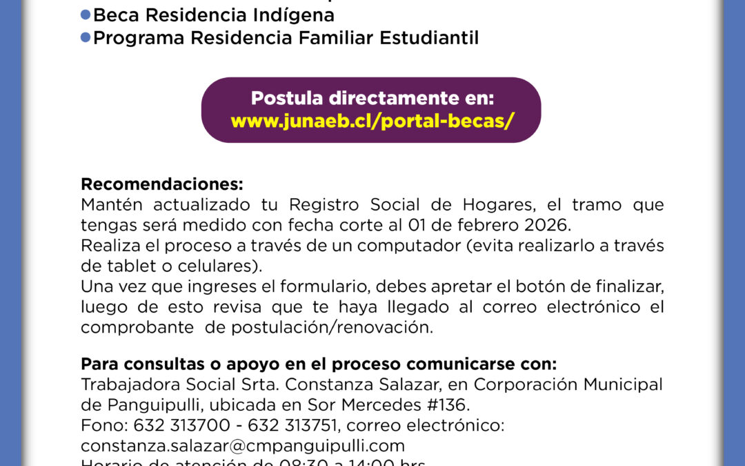 ¡Atención estudiantes! JUNAEB abrió el proceso de renovación y postulación a Becas y Residencias 2026