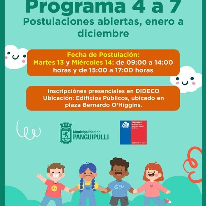 Programa 4 a 7 abre postulaciones 2026 para niños y niñas de Panguipulli.