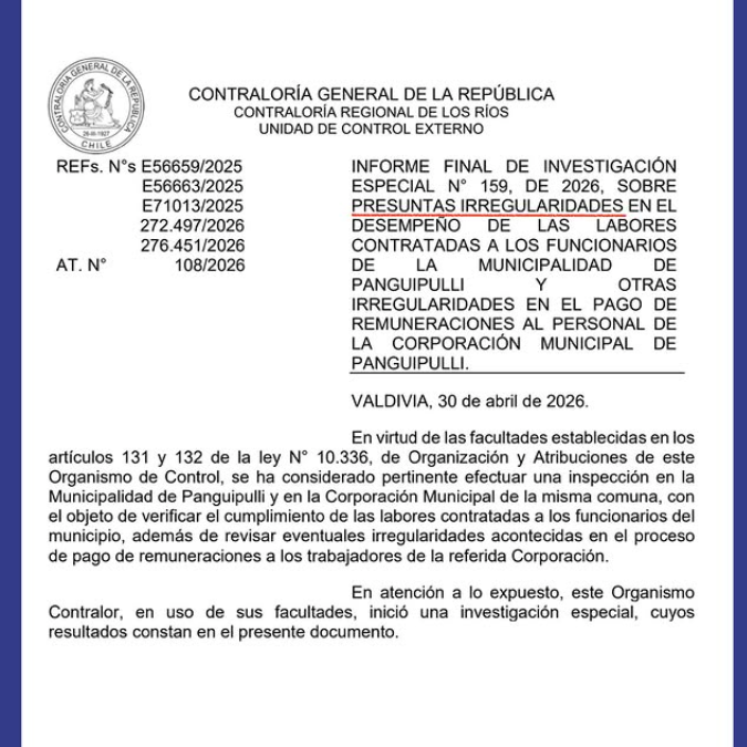 Municipalidad solicitó a medio «Somos Noticias» rectificar titular «Contraloría detecta irregularidades por más de $500 millones en municipio de Panguipulli y Cormupa» por faltar a la verdad